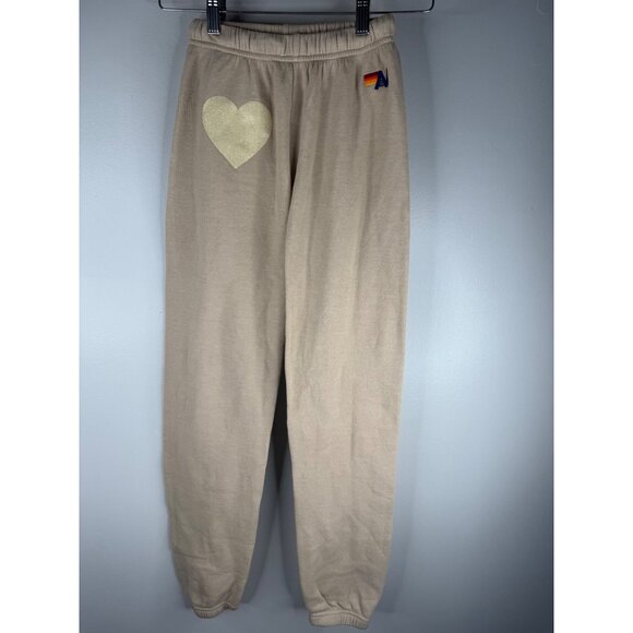 NWT Aviator Nation Glitter Heart Sweatpants Tan Butter Size XS - Picture 2 of 5